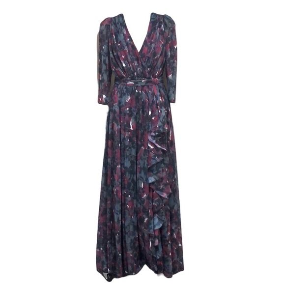 Badgley Mischka Pleated Floral Gown Size 10 Gray Black Burgundy - Picture 1 of 13